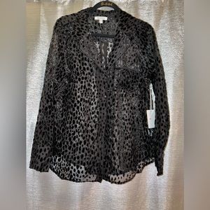 Good American Sheer Bliss Leopard Burnout Velvet Blouse (Black)